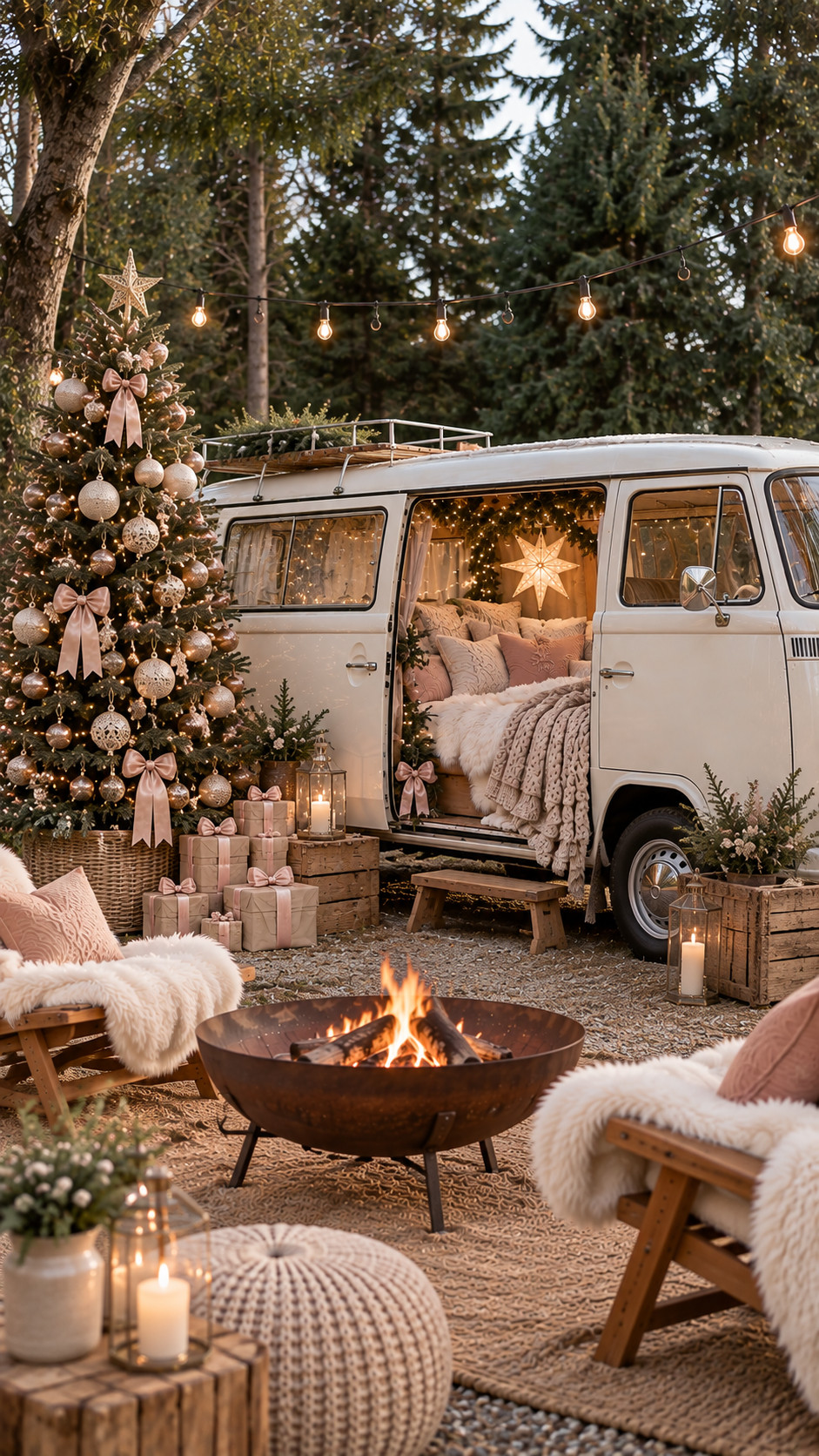 Weihnachtsshooting in Wien: Geschmückter Weihnachtsbaum mit Wohnmobil und Sitzgelegenheiten.