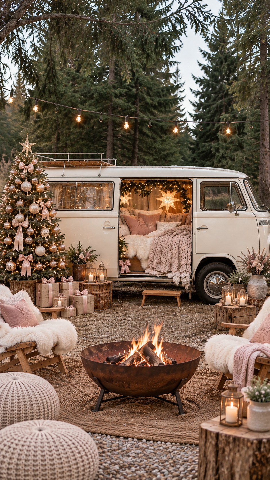 Wohnmobil für ein Weihnachts-Fotoshooting in Wien mit Weihnachtsbaum und Feuerstelle.